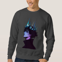 Anime King Gothic Male Portrait with Blue Crown Lång Ärmad Tröja