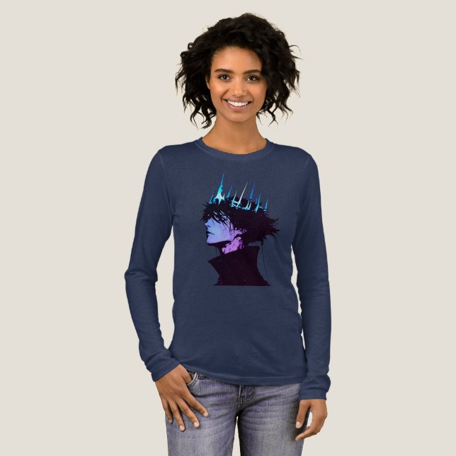 Anime King Gothic Male Portrait with Blue Crown T Shirt (Hel framsida)