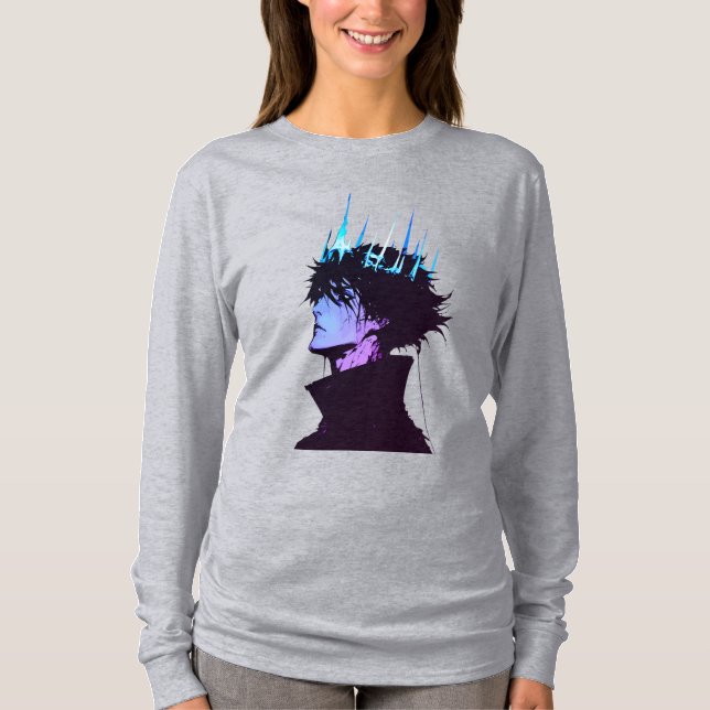 Anime King Gothic Male Portrait with Blue Crown T Shirt (Framsida)