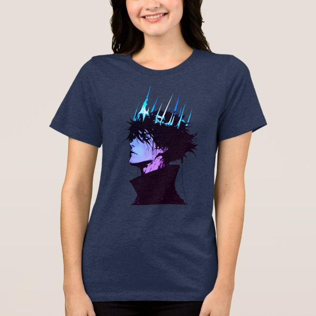 Anime King Gothic Male Portrait with Blue Crown T Shirt (Framsida)