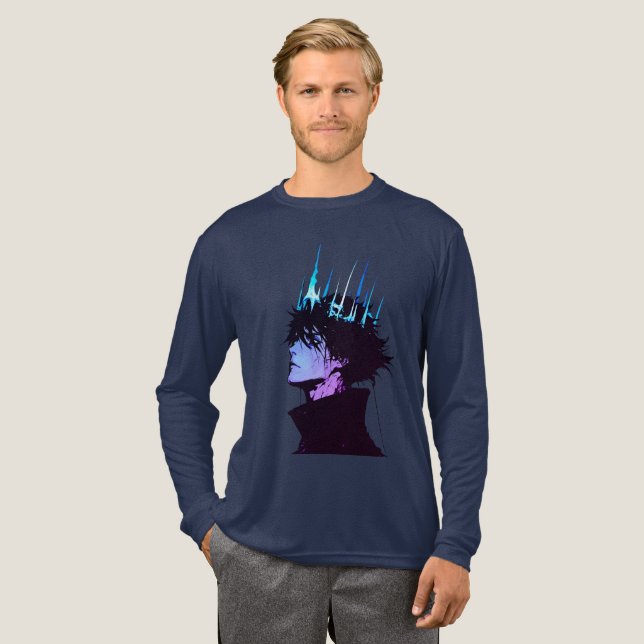 Anime King Gothic Male Portrait with Blue Crown T Shirt (Hel framsida)
