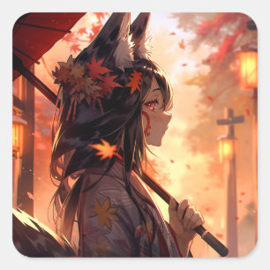 Anime Kitsune Girl Cute Fox Fantasy Art Fyrkantigt Klistermärke