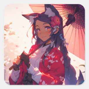 Anime Kitsune Girl Cute Fox Fantasy Art Fyrkantigt Klistermärke