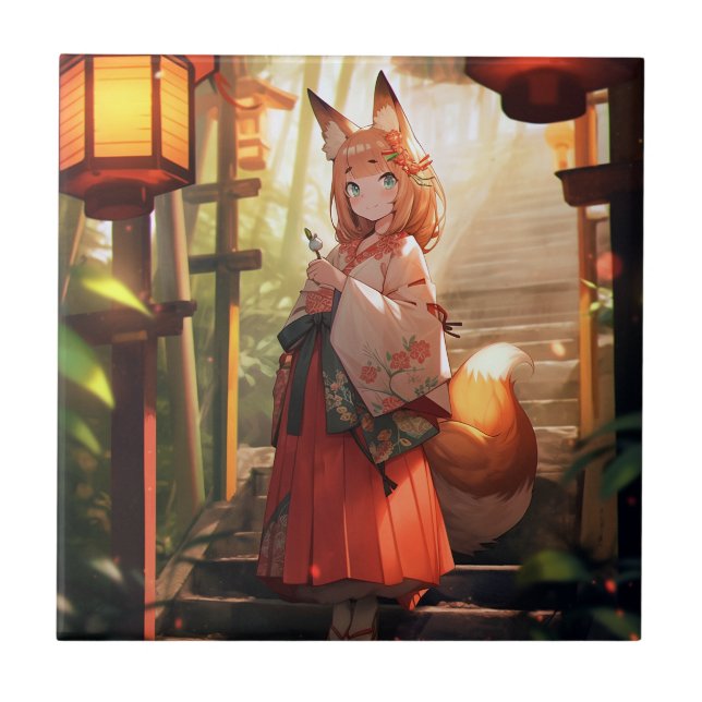 Anime Kitsune Girl Cute Fox Fantasy Art Kakelplatta (Framsidan)