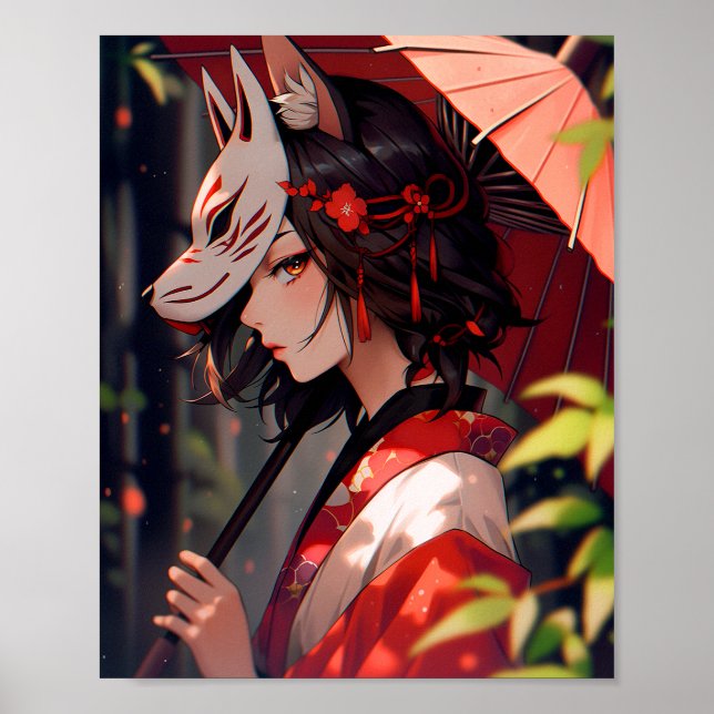Anime Kitsune Girl Cute Fox Fantasy Art Poster (Framsidan)