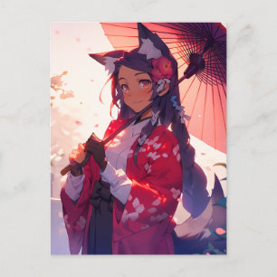 Anime Kitsune Girl Cute Fox Fantasy Art Vykort