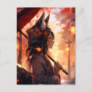 Anime Kitsune Girl Cute Fox Fantasy Art Vykort