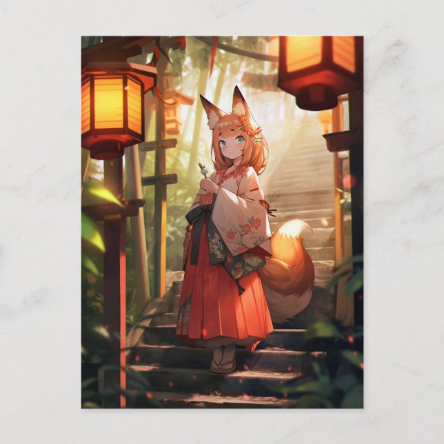Anime Kitsune Girl Cute Fox Fantasy Art Vykort (Framsida)