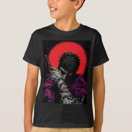 Anime Krigare Röd Mån Svärd Kram Konst T Shirt