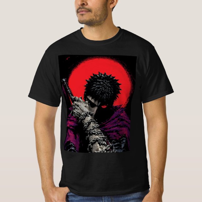 Anime Krigare Röd Mån Svärd Kram Konst T Shirt (Framsida)