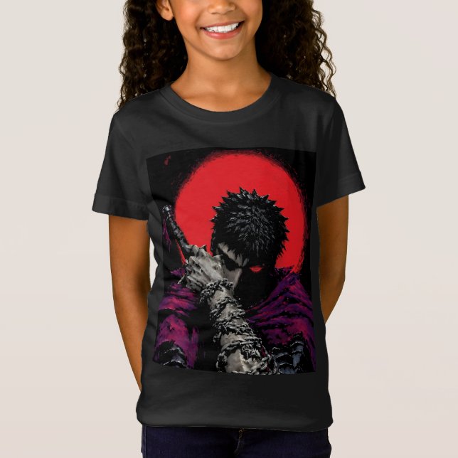 Anime Krigare Röd Mån Svärd Kram Konst T Shirt (Framsida)