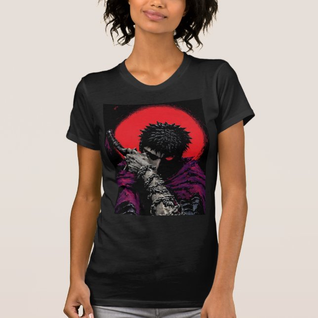 Anime Krigare Röd Mån Svärd Kram Konst T Shirt (Framsida)