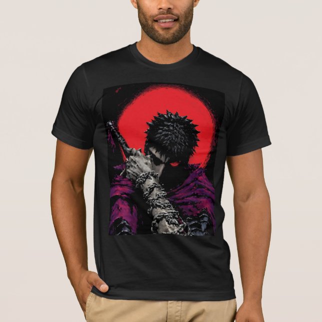 Anime Krigare Röd Måne Svärd Kram Konst T Shirt (Framsida)