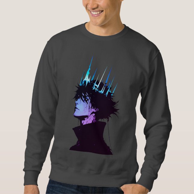 Anime Kung Gothic Manlig Porträtt med Blå Krona Lång Ärmad Tröja (Framsida)