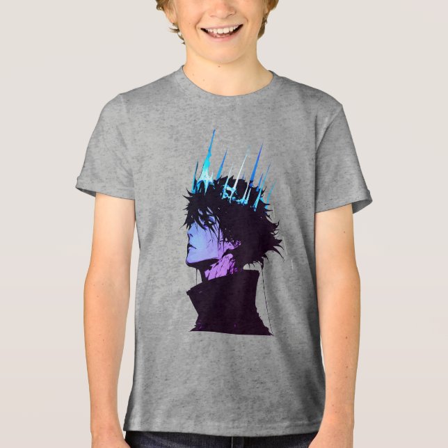 Anime Kung Gothic Manlig Porträtt med Blå Krona T Shirt (Framsida)