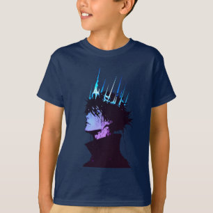 Anime Kung Gothic Manlig Porträtt med Blå Krona T Shirt