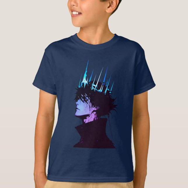 Anime Kung Gothic Manlig Porträtt med Blå Krona T Shirt (Framsida)