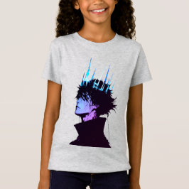 Anime Kung Gothic Manlig Porträtt med Blå Krona T Shirt