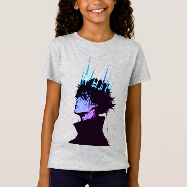 Anime Kung Gothic Manlig Porträtt med Blå Krona T Shirt (Framsida)
