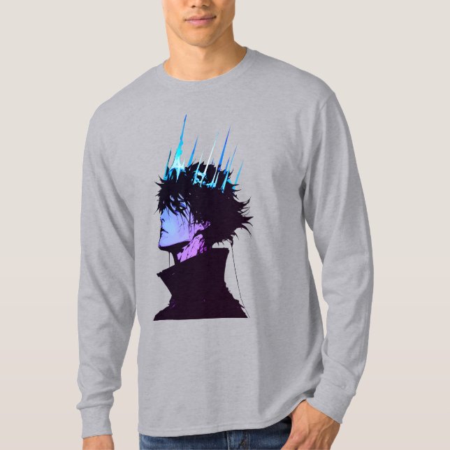Anime Kung Gotisk Manlig Porträtt med Blå Krona T Shirt (Framsida)