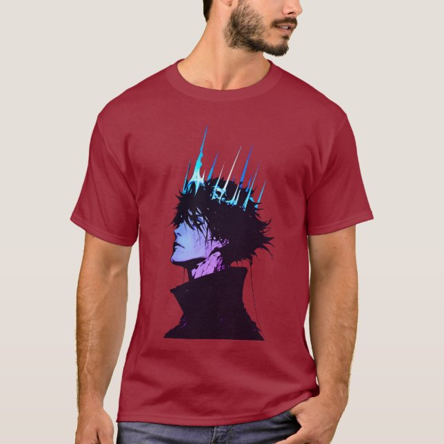 Anime Kung Gotisk Manlig Porträtt med Blå Krona T Shirt (Framsida)