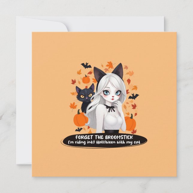 Anime-kvinna med svart katt. inbjudningar (Framsida)