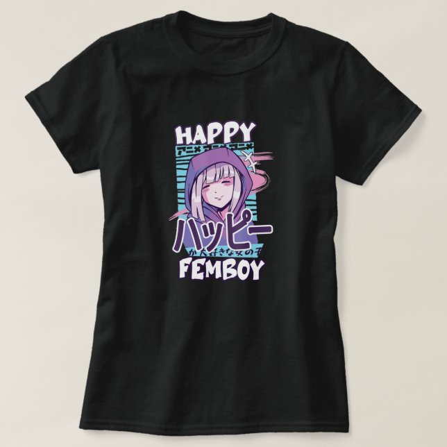 Anime Lycklig Femboy med Lycklig i japanskt - Cute T Shirt (Design framsida)