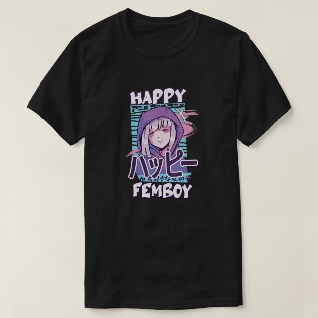 Anime Lycklig Femboy med Lycklig i japanskt - Cute T Shirt (Design framsida)