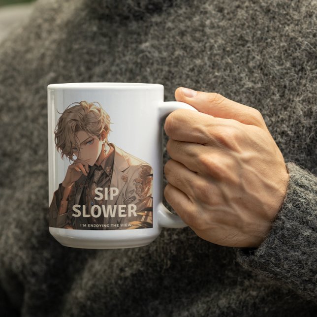 Anime Man säger till Sip långsammare att han njute Kaffemugg (Skapare uppladdad)