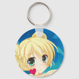 Anime manga blond grönt-ögonögd flicka hjärta nyckelring