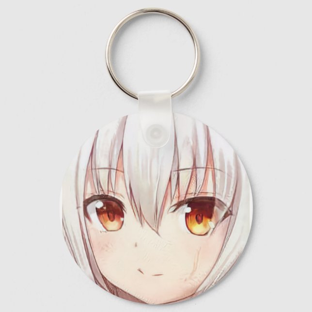 Anime manga-flicka som leler silver hårgult öga nyckelring (Framsida)