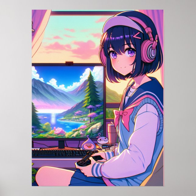 Anime Manga Gamer Girl Wall Art Poster (Framsidan)