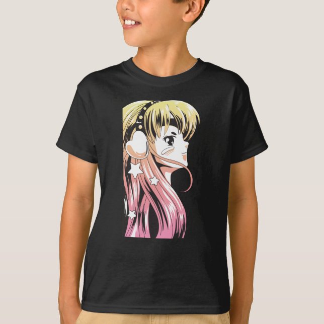 Anime Manga Girl Gradient Hair Gult Rosa T Shirt (Framsida)