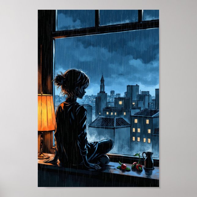 Anime Mysig Regn Fönster Väggkonst (Framsidan)