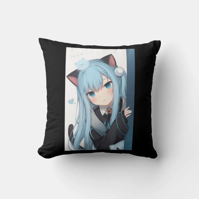 Anime Neko Cat Girl Pastel Kawaii Japanska Waifu O Kudde (Framsida)