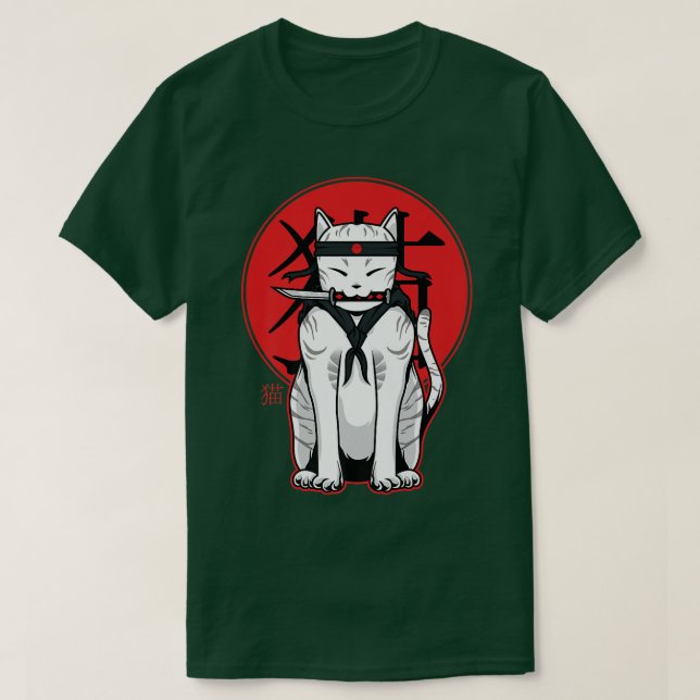 Anime Ninja Cat Samurai Japanska Kawaii Aesthetic  T Shirt (Design framsida)
