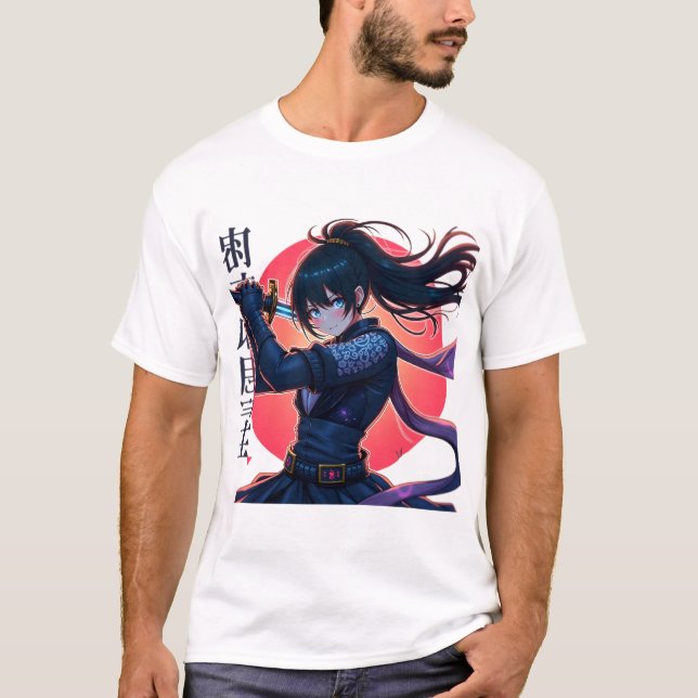 Anime Ninja Girl med Katana- Epic Samurai Warrior T Shirt (Framsida)