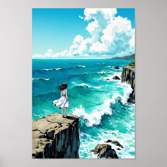 Anime Ocean Cliff Breeze Wall Art Poster (Framsidan)