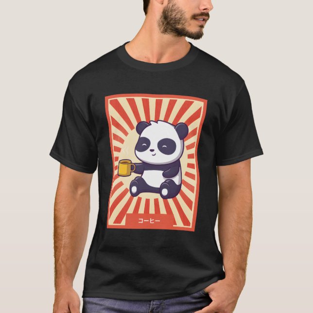 Anime Panda Drink Coffee Japanska Stil T Shirt (Framsida)