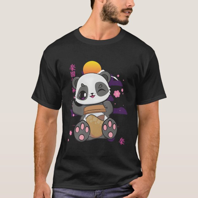 Anime Panda och Kawaii Bear Drinking Coffee Latte T Shirt (Framsida)