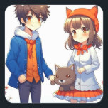 Anime par Romantic Personlig jul Fyrkantigt Klistermärke<br><div class="desc">Julkort med ett sött animerat par med kattbakgrund.</div>