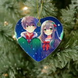 Anime par Romantic Personlig jul Julgransprydnad Keramik<br><div class="desc">Jultid med ett sött animerat par med snöig bakgrund i gräs träd.</div>