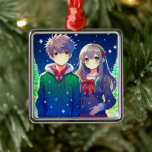 Anime par Romantic Personlig jul Julgransprydnad Metall<br><div class="desc">Jultid med ett sött animerat par med snöig bakgrund i gräs träd.</div>