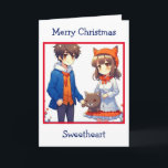 Anime par Romantic Personlig jul Kort<br><div class="desc">Julkort med ett sött animerat par med kattbakgrund.</div>