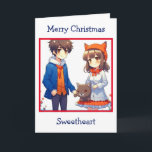 Anime par Romantic Personlig jul Kort<br><div class="desc">Julkort med ett sött animerat par med kattbakgrund.</div>