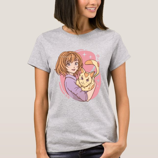 Anime Person och Cat T-Shirt (Framsida)