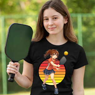 Anime Pickleball Flicka På Retro Solnedgångsmall T Shirt