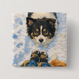 Anime Playful Dog Square Button Knapp