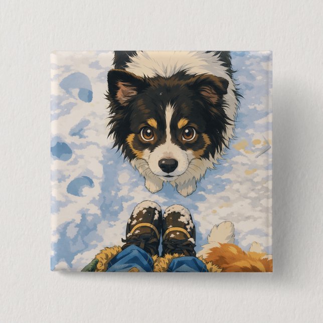 Anime Playful Dog Square Button Knapp (Framsida)