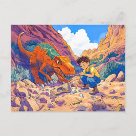 Anime-pojke med T-Rex på fossil jakt Helg Vykort